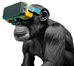 eBook-monkey-using-virtual-reality-glasses-studio-blue-background